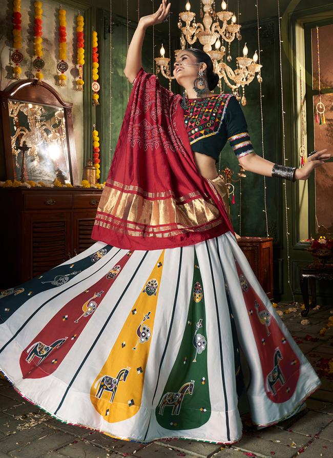 Muslin Cotton White Navratri Wear Printed Ready To Wear Lehenga Choli